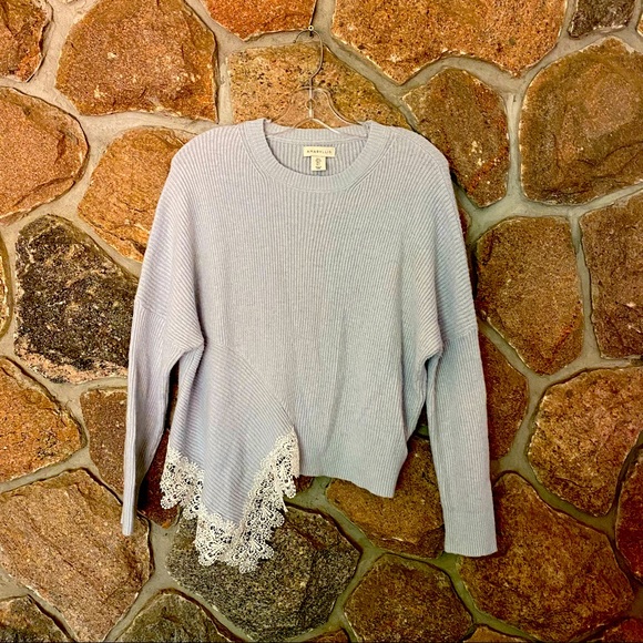 Unique asymmetrical sky blue sweater with lace - Picture 2 of 5